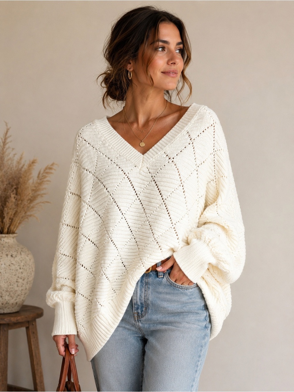 NWT Collection by Cezele Ivory Open Knit Oversized Dolman V Neck Sweater Medium